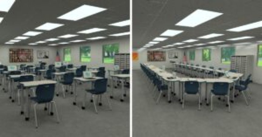 renderings of desks in a row and then desks in a half circle to demonstrate the socratic teaching method