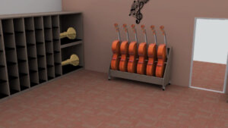 muscial instrument storage room rendering featuring violin racks